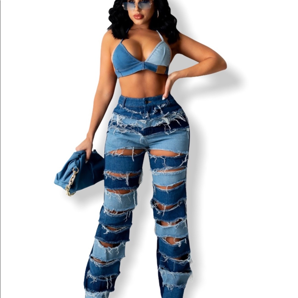 Distressed highwaist denim Jean two piece set 2in1